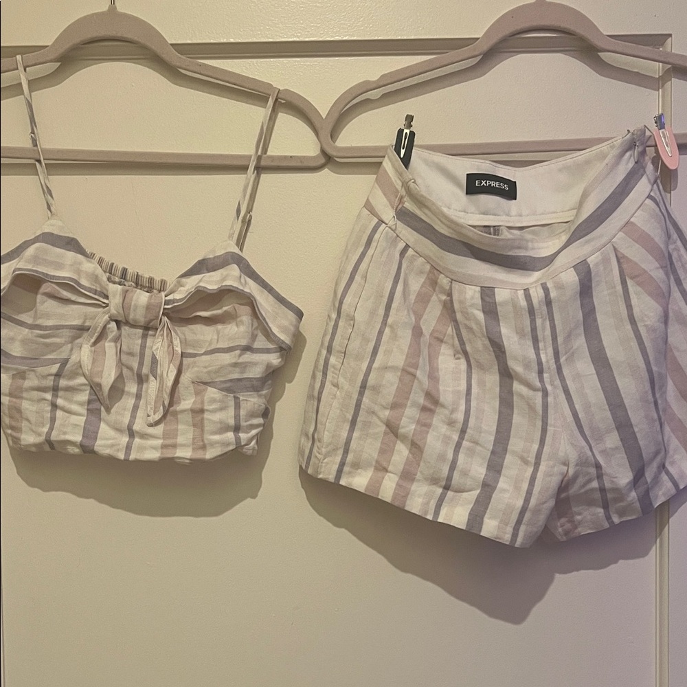 Express Striped Linen Crop Top & High-Waist Shorts Set - Cream, Lavender & Tan